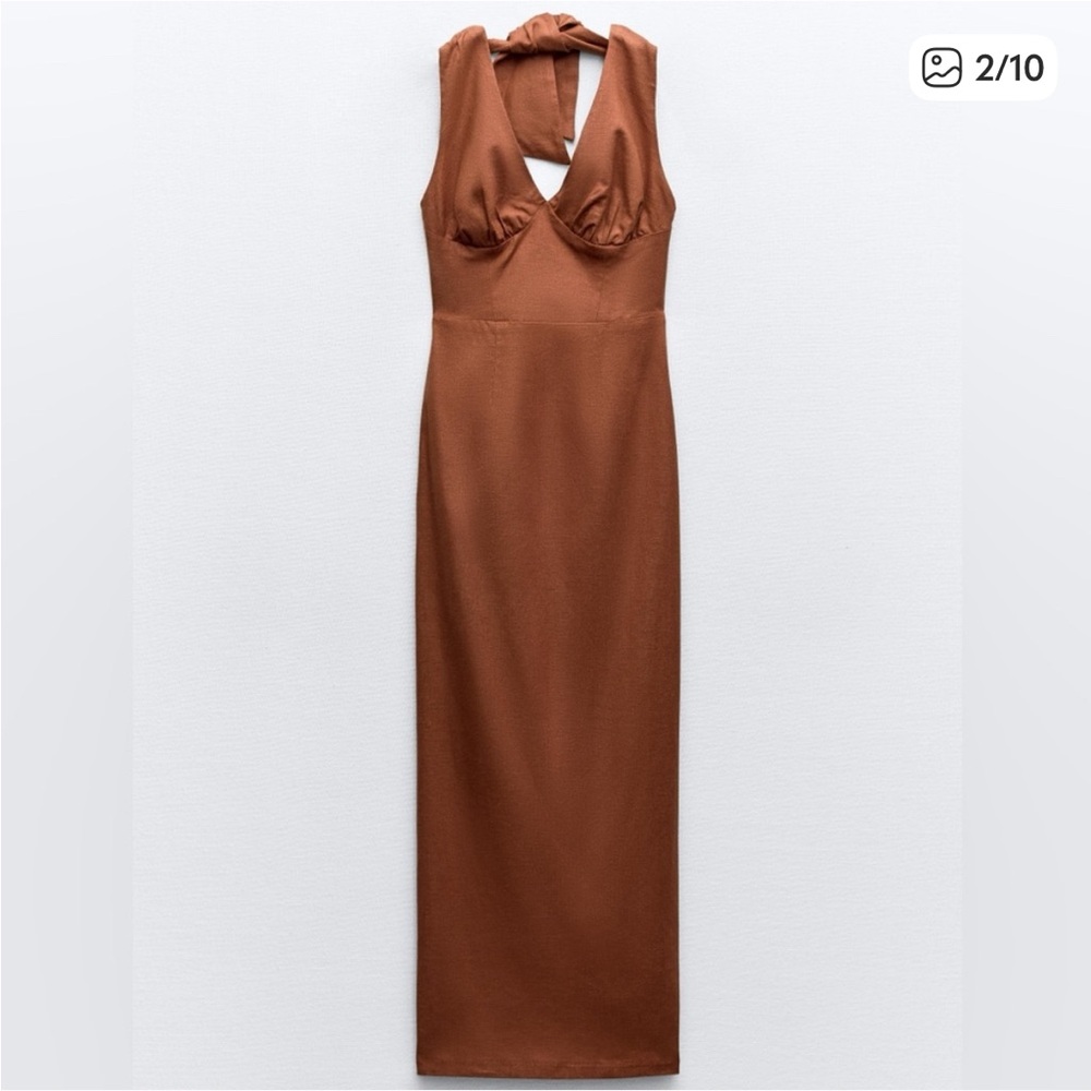 ZARA LINEN BLEND RUST MIDI DRESS - Picture 2 of 5